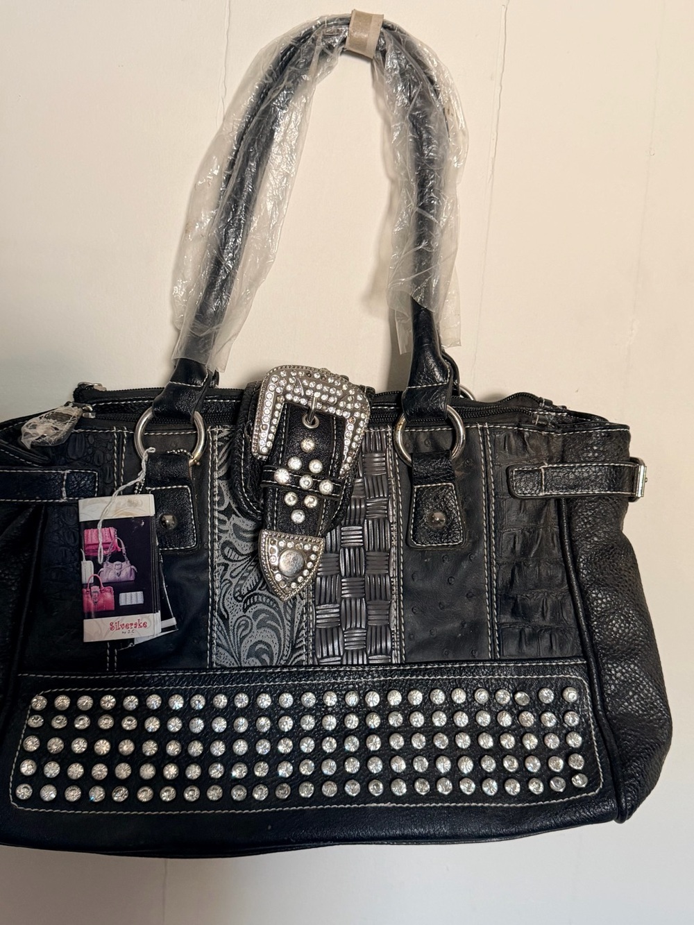 Studded Black Women's Tote Bag with Rhinestone Buckle Quilt Type Pattern 16”x10”